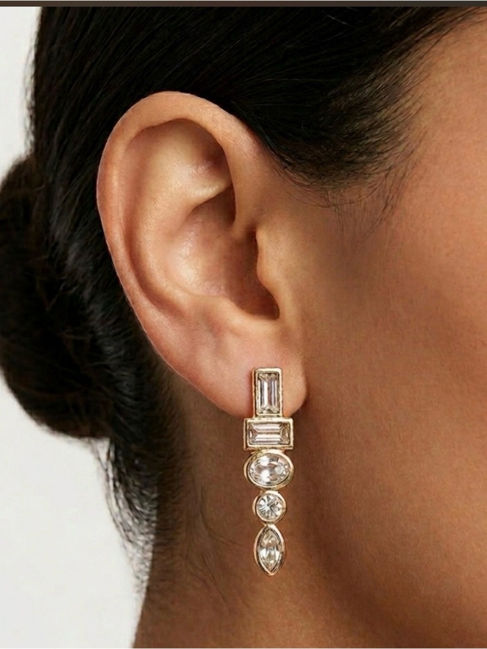 Gold Bezel Crystal Art Deco Multi Shape Drop Stud Earrings